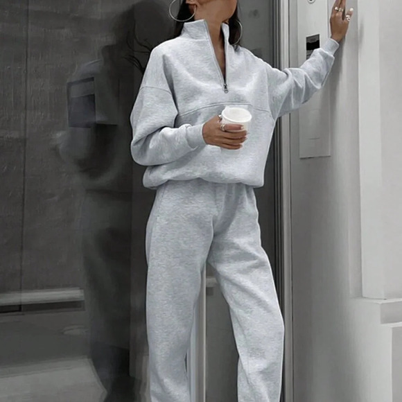 Grey Casual Women's Half Zipper Hoodie And Jogger Pants Two Piece Set - Picture 4 of 7